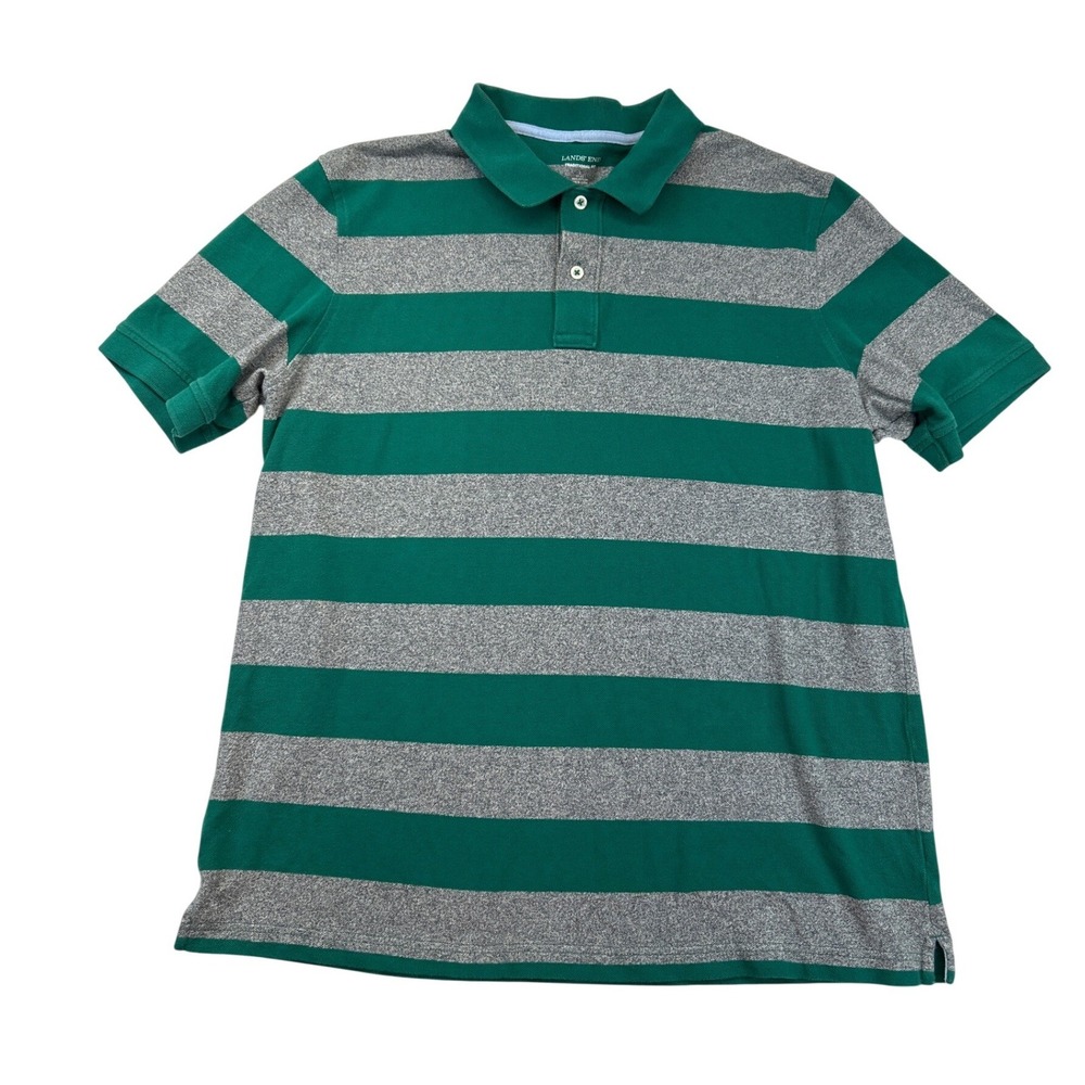 Lands'‎ End Polo Shirt Mens L Green Gray Striped Traditional Fit Short Sleeve